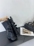 KYLETHOMASW  -  Retro Round Toe Lace-up Mid-calf Boots Women Fashion Belt Buckle Thick Bottom Platform Boots Comfort Non-slip Outdoor Biker Boot