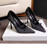 KYLETHOMASW  -  New Thin Heel Shallow Mouth Single Shoes Banquet Fashion Bow Pointed Water Diamond Silk High Heels