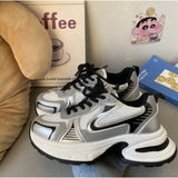 KYLETHOMASW  -  White Cream Chunky Dad Sneakers Women Navy Blue Accent Mesh Platform Walking Shoes Casual Comfy Daily Y2K Korean Sporty Style