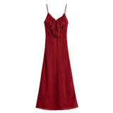 KYLETHOMASW  -  Sexy Women Ruffle V Neck Red Sling Long Dress Fashion Backless Sleeveless Elegant A-line Party Maxi Vestidos Summer