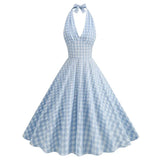 KYLETHOMASW  -  New Hepburn Vintage Blue and White Plaid Holiday Women Summer Dresses Sexy Halter High Waist Fit and Flare Rockabilly Dress