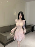 KYLETHOMASW  -  Woman Dress Sweet Sexy Flowers Long Sleeve Elegant Slim Mesh Patchwork Ruched Ruffles Party Mini Dresses Ladies