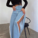 Kylethomasw  Solid Split Straight Jeans Sexy Long Pant Fur Denim Trouser Female Casual Street Clothing 2023 Summer Women Fashion New Jeans