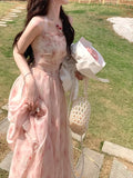 KYLETHOMASW  -  Halterneck Dress For Women's Korean Pink Rose Chiffon Clothing 2024 New Summer Elegant Party Korean Fashion Floral Long Dresses.