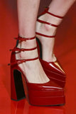 KYLETHOMASW  -  Red Black Patent Leather Pointed-Toe Platform Pumps Multi-Strap Design Gold Buckles Chunky Block Heel Elegant Looks for Women