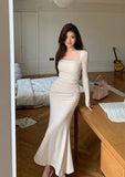 KYLETHOMASW  -  French Vintage Women Beige Elegant Square Neck Fishtail Evening Party Dresses Autumn Long Sleeve Vacation Pleated Wrap Hip Dress