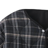 KYLETHOMASW  -  Ethnic Women Gray Plaid Wave Quilting Full Sleeve Loose Coat Outerwear Autumn Winter Covered Buttons O Collar Quilted Jacket