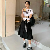 KYLETHOMASW  -  Preppy Style Pleated Skirt Women Vintage Korean Style Black Mid Length Skirt Harajuku Fashion Patchwork Classic Skirts