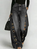 KYLETHOMASW  -  Women's Washed Blue High-Waist Metal Grommet Wide Leg Jeans Casual Loose Fit Streetwear Pants Casual Trousers