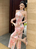 KYLETHOMASW  -  Retro Sexy Floral Chain Strapless Dress New Chinese Style Elegant Waist Cinching Slit Slimming  Sleeveless Gown