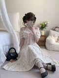 KYLETHOMASW  -  Japanese Kawaii Sweet Halter Neck Off Shoulder Floral Print Chiffon Lace Ruffle Bow Maxi Dress For Women Girls Daily Party Wear