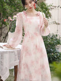KYLETHOMASW  -  Elegant Party Long Dresses Spring Fairycore Dress Pink Bow Lace-up French Style Square Neck Fairy Dresses Female Cloting New