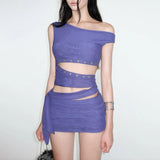 KYLETHOMASW  -  Sexy Fashion 2 Piece Set Woman Skew Collar Off Shoulder Irregular Crop Tops+Mini Skirts Hot Girls Street Wild Style Suits