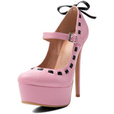 KYLETHOMASW  -  Pink Leather Mary‑Jane Platform Stiletto Pumps Black Contrast Stitching Back Bow Decor Round Toe Adjustable Buckle Shoes