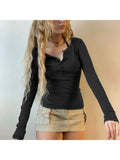 Kylethomasw Woman Long Sleeve Crochet Tight Bodycon Top Crop Solid Daily Color Top Button Retro T-Shirts Tops Tees Knit O-neck Classical Ins