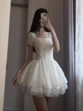 KYLETHOMASW  -  French Sweet Style Lace Puff Sleeve Elegant Dress Women Y2k Cute Bow Design Summer Dress Fashion Female Princess Party Dress New