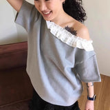 KYLETHOMASW  -  Ruffles Y2k T Shirt for Women Slash Neck Spring Summer Retro Sweet Ropa De Mujer Korean Fashion Loose T-shirts