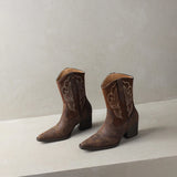 KYLETHOMASW  -  Embroidery cow leather women cowboy boots chunky heel slip on booties