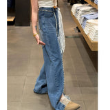 KYLETHOMASW  -  Women Jeans Pants Baggy Jeans Flare Trousers Lace Applique Crystal Wide Leg Jeans Pearl Slit Distressed Design Denim Pants