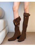 KYLETHOMASW  -  Women Leopard Knee High Boots Sexy High Heels Shoes Winter Warm Long Boots New Suede Pumps Chunky Chelsea Boots Snow Botas