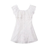 KYLETHOMASW  -  CHIC White Embroidery Lace Open Buttons Slash Shoulder Mini Dress Women Short Sleeve Slim Waist Dresses Holiday Robe Femme