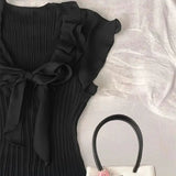 KYLETHOMASW  -  Elegant Bow Women Mini Dress Summer New Sweet Ruffles Slim A-Line Dresses Elegant Flying Sleeves Chiffon Pleated Vestidos 026A