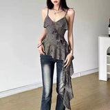 Kylethomasw Abandoned Earth Style Distressed Asymmetrical Sexy Camisole Tank Top, Women's Ruffled Edge Slim Fit, Waist Cinching Spicy Girl