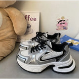 KYLETHOMASW  -  White Cream Chunky Dad Sneakers Women Navy Blue Accent Mesh Platform Walking Shoes Casual Comfy Daily Y2K Korean Sporty Style