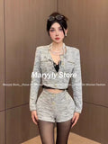 KYLETHOMASW  -  Autumn Korean Elegant Slim Outfits 2 Piece Set Women Y2k Office Lady Long Sleeve Short Coat + Sexy Bodycon Higt Waist Shorts New