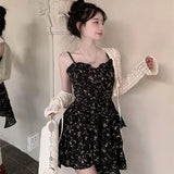KYLETHOMASW  -  Hebe Style Floral Print Two-Piece Set Women's Elegant Black Off-Shoulder Asymmetrical Dress Sunscreen Cardigan Slimming Effect