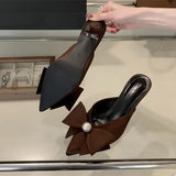Kylethomasw Summer Designer Pearl Bow Decoration Women Slippers Sexy Pointed Toe Satin Slide Sandals Elegant High Heels for Women Loafers