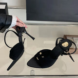 KYLETHOMASW  -  Comfort Hollow Out Metal Buckle Decoration Women Sandals Elegant Satin Ankle Strap Heels Pointed Toe Party Designer Women Shoes