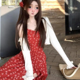 KYLETHOMASW  -  Japanese Fashion 2 Piece Set Woman Casual Long Sleeve Cardigan + Elegnat Irregular Midi Dress Beach Floral Dress Boho New