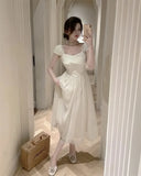 KYLETHOMASW  -  Women Vintage Sweet Mesh Patchwork Elegant Party Dresses Summer Solid Square Collar Short Sleeve Slim Fairy Midi Dress Vestidos