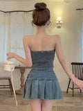 KYLETHOMASW  -  Vintage Denim Slim 2 Piece Set Summer Women Y2K Sexy Strapless Short Crop Tops And Pleated Mini Skirt Streetwear Outfit Casual