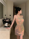 Kylethomasw Luxury Brand Feeling Small Group Temperament Heavy Industry Sequin Hanging Neck Sexy Wrap Hip Dress Women's Summer Premium Dress