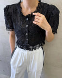 KYLETHOMASW  -  Retro Style Three-dimensional Lace Short Shirt Women Summer New Design Niche Bubble Sleeve Elegant Top