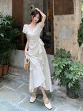 KYLETHOMASW  -  White V-neck Lace Up Short Sleeved Dress Women Summer New Lotus Leaf Edge Waist Cinching Slim Temperament Long Dresses