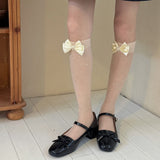 KYLETHOMASW  -  Women Bow Rhinestone Heart Calf Socks Sweet Cute Japanese Silk Stockings Outdoor Dating Princess Ballet Style Mid-calf Socks
