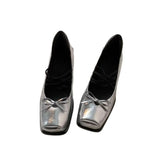 KYLETHOMASW  -  Women Genuine Leather Bow Decorated Flat Shoes with Cross Straps Thick Heels Mary Jane Shoes Shallow Mouth Comfortable Loafers
