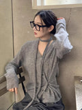 KYLETHOMASW  -   South Korea Chic Cardigan Simple Temperament V-neck Neck Irregular Buckle Waist Slimming Tops Long Sleeve Women Sweater