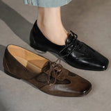 KYLETHOMASW  -  Women's genuine leather patchwork square toe lace-up flats loafers high quality soft comfortable casual female daily shoes woman
