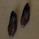KYLETHOMASW  -  Women Square Bow Decorative Flat Shoes Leather Pleated Shallow Mouth Loafers Shoes Outdoor Comfortable Women Shoes Fashionable