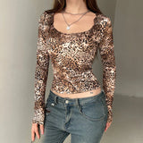 KYLETHOMASW  -  Autumn new retro leopard print long sleeved T-shirt with European and American round neck tight bottom top