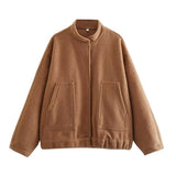 KYLETHOMASW  -  Standing Collar Buttons Women's Jackets Loose Long Sleeve Pockets Coats Solid Color Fold Tops Autumn Casual Outdoors Clothes