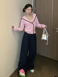 Kylethomasw Y2k Pink Knitted Cardigan Sailor Collar Long Sleeve Sweater Women Korean Fashion Preppy Style Autumn Winter Cute Clothes