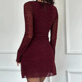 KYLETHOMASW  -  Sexy Wine red Flocking Flower Mesh Flare Sleeve Dress Woman Bow Square neck Package Hips A-line Mini Party Robe Bodycon
