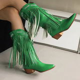 KYLETHOMASW  -  Women Fringe Western Boots Pink Sweet Embroidered Boots Brown Tassels Block Medium Heels Shoes Plus Size 48 Lady Winter