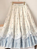 KYLETHOMASW  -  Kawaii Floral Tiered Maxi Skirt | Lace Trim Ruffle Hem | Elastic Waist Cottagecore A-Line Skirt Sweet Girls Elegant Lady Casual