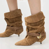 KYLETHOMASW  -  Metal Embellished Nubuck Ankle Boots Women Elegant Kitten-heel Modern Boots Warm Sexy Pointed Toe Western Cowboy Boots Brown